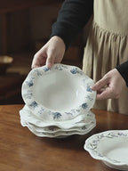 French Style Scalloped Ceramic Plate | 8.4 inch Retro Floral Dinner Plate for Salad, Pasta & Fruit | Vintage Aesthetic Dishes